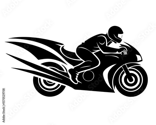 Stylized silhouette of a motorcycle racer in motion with flame accents