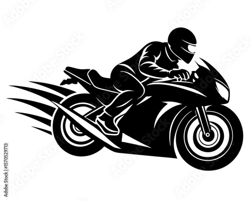 Dynamic black silhouette of a motorcycle racer in full gear speeding ahead