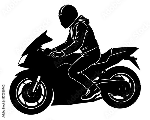Silhouette of a person in a helmet and jacket riding a sport motorcycle