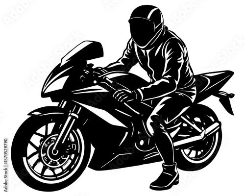 Silhouette of a person riding a sport motorcycle wearing a helmet and leather jacket