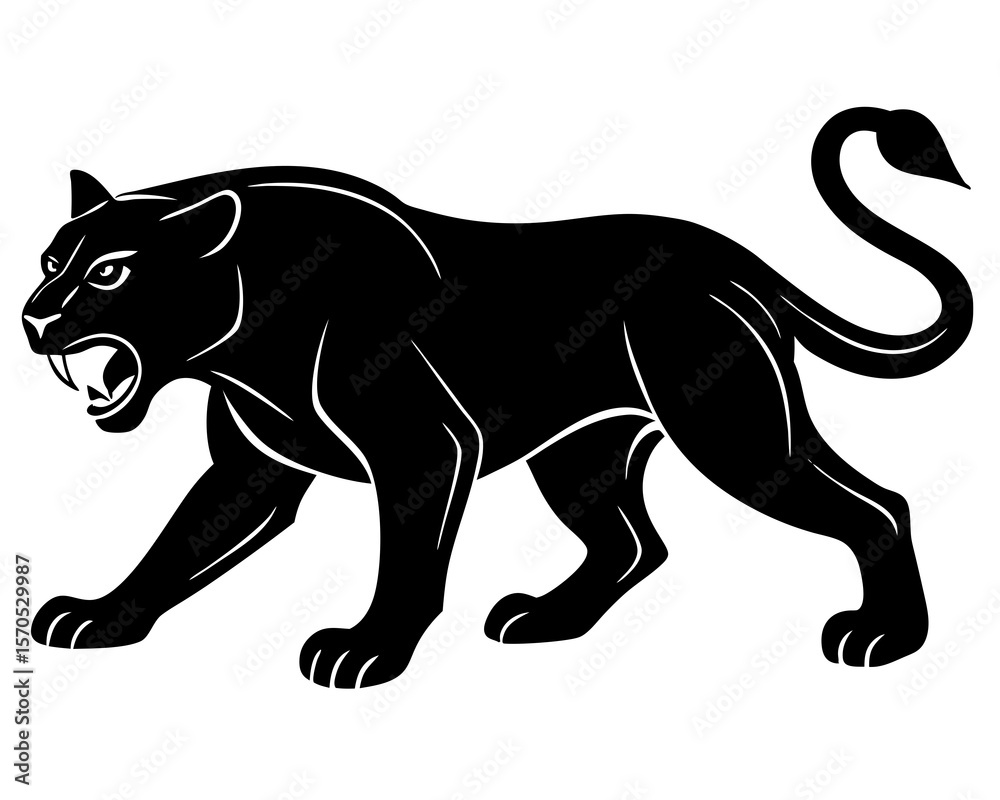 Obraz premium Stylized black panther roaring with sharp teeth and claws on white background