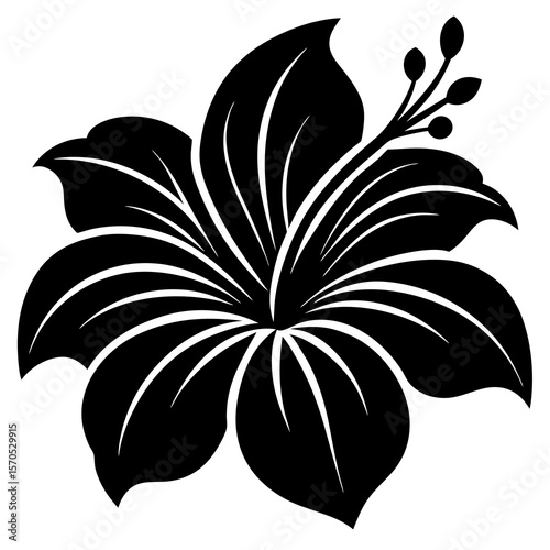 Stylized black silhouette of a tropical hibiscus flower with buds