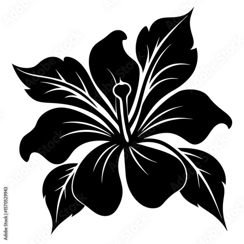 Stylized black silhouette of a tropical hibiscus flower with detailed petals