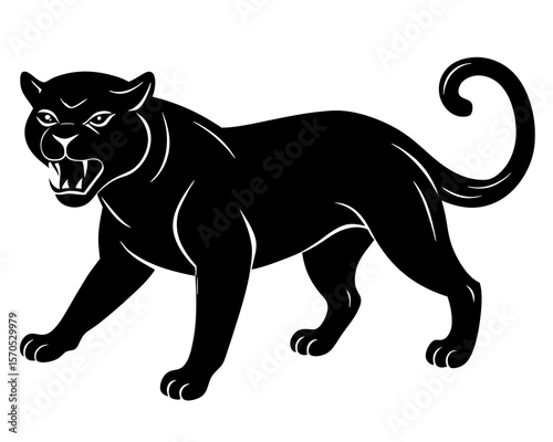 Stylized black panther with open mouth and bared teeth on white background