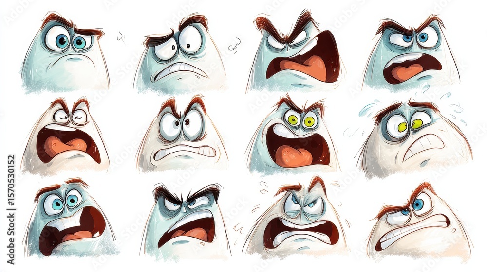 Obraz premium Cartoon expressions. Cute face elements eyes and mouths with happy, sad and angry, disbelief emotions. Caricature characters, no logos, no brands