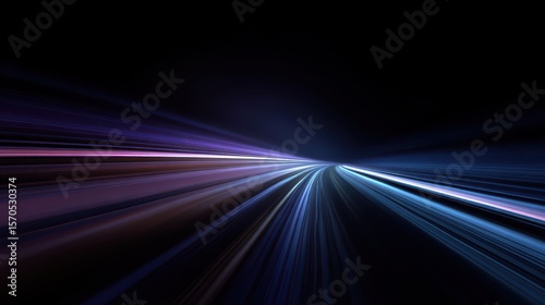 Abstract background with blue and purple light streaks on black, speed motion on a night road