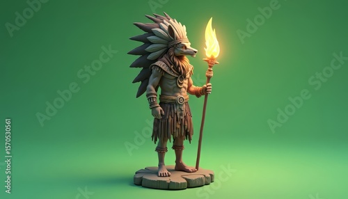 Anthropomorphic Wolf Character with Torch and Feather Headdress
