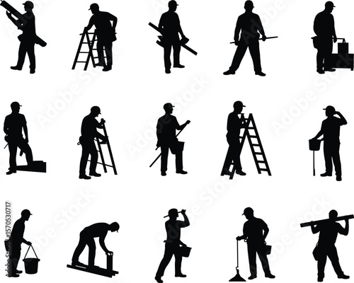 Silhouette of construction workers with tools, ladders, buckets, measuring equipment, leveling tools, working at site, repair, maintenance, engineering tasks flat vector illustration