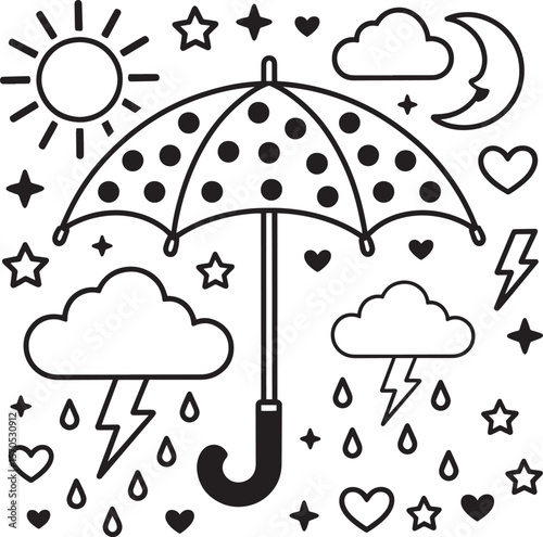 Umbrella with Sun, Rain and Lightning Cute Weather Elements Doodle Page, Umbrella Weather Icons, Rain or Shine, Cute Stormy Sky, Mixed Weather Doodles, Sun and Clouds
