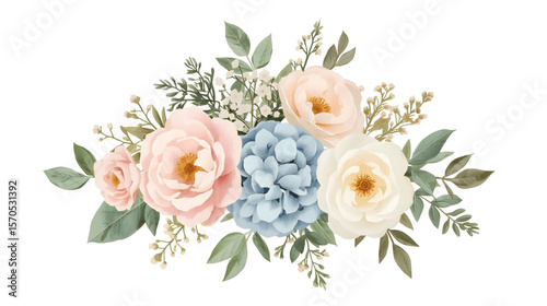 elegant floral illustration features a beautiful arrangement of delicate flowers in soft pastel hues. The bouquet showcases realistic peonies, roses, hydrangeas, and small filler flowers