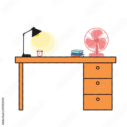 Desk with lamp, fan, books, and alarm clock