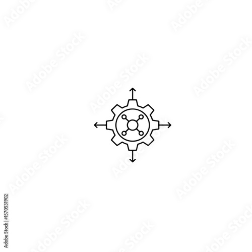 A simple black and white gear icon with arrows pointing outwards design