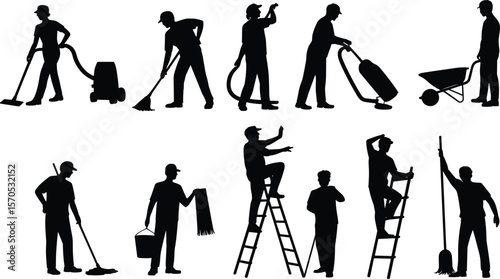 Silhouettes of cleaning workers with tools, vacuuming, sweeping, mopping, lifting, ladder climbing, perfect for janitorial, maintenance, labor-related illustrations flat vector illustration