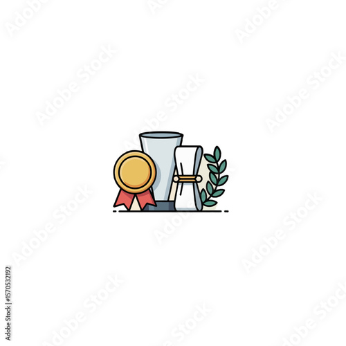 A gold medal, diploma, glass, and laurel wreath illustration image