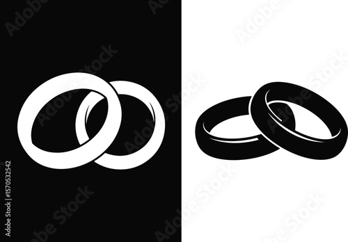 Two interlocking wedding rings depicted in contrasting black and white halves of the image