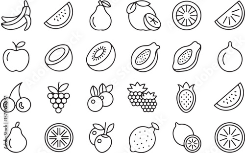 Set of fruits icons vector illustration.Fruits line icon set. Vector pictograms of banana, orange, strawberry, grapes, pineapple, mango, blueberry, raspberry, lime, kiwi, papaya, pomegranate, coconut,