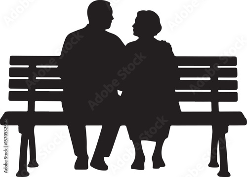 Silhouette of an elderly couple sitting closely together on a park bench