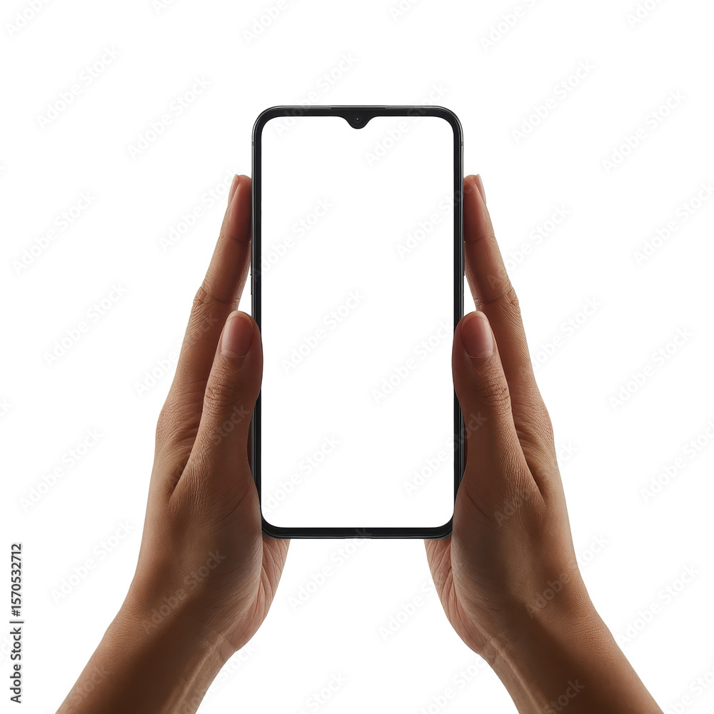 Hands hold an empty smartphone against a clean white background, inviting imagination and creativity in digital exploration Hands hold an empty smartphone against a clean white background, inviting imagination and creativity in digital exploration