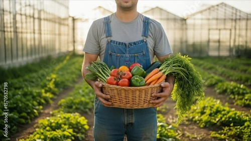 Farmer proudly displays a basket of freshly harvested vegetables in a greenhouse.