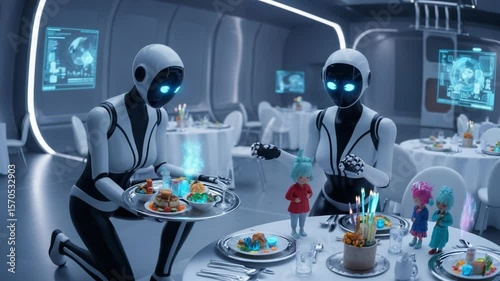 Robots Serve Gourmet Dinner in Futuristic Restaurant Setting Filled With Animated Characters