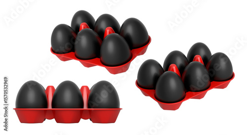 Plastic trays filled with neatly stacked black eggs, isolated on white transparent background. Concept of egg variety and food industry