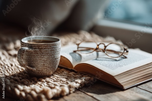Cozy Morning Scene with Steaming Coffee in Rustic Ceramic Cup and Soft Sunrise Light