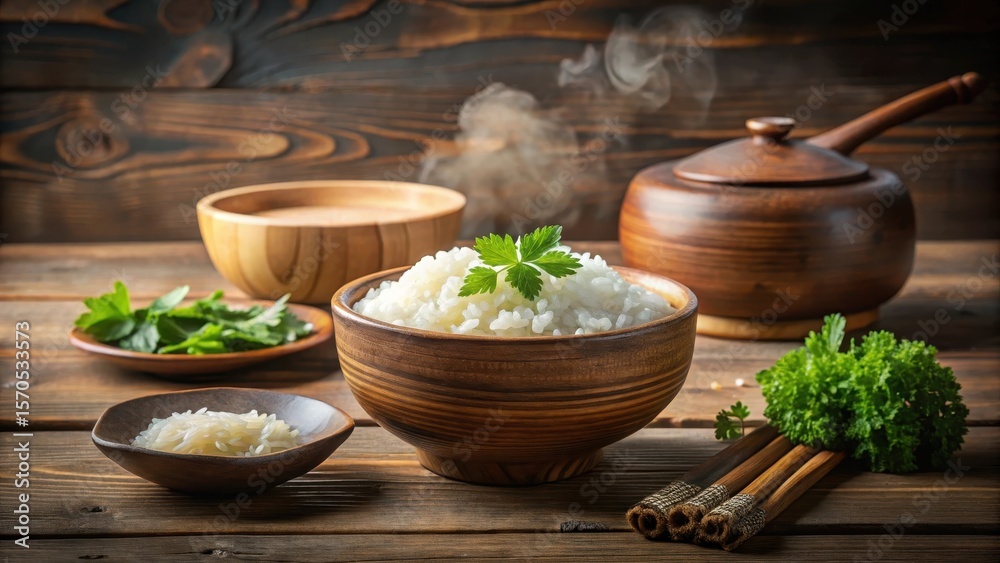 Traditional Korean rice wine in a rustic bowl with steaming hot rice and fresh herbs, beverage, earthy, beverage Traditional Korean rice wine in a rustic bowl with steaming hot rice and fresh herbs, beverage, earthy, beverage