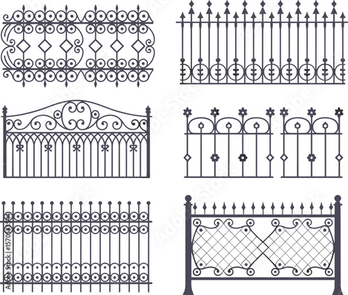 Wrought iron fence vector collection, ornate metal railing designs for garden, gate, exterior decor, architectural elements, vintage and classic style

 flat vector illustration