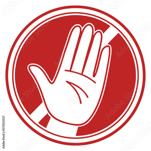 Stop hand sign symbol: A vector illustration of a human hand icon, signifying no entry or warning, often used as a web button or traffic design element