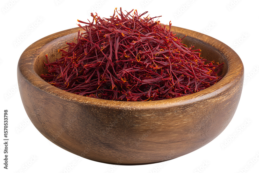 Naklejka premium Heap of dried red saffron threads in a wooden bowl isolated on transparent background