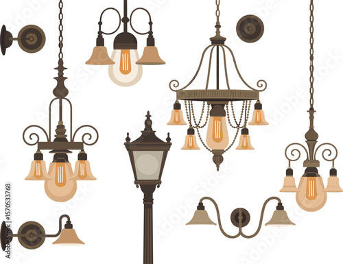 Vintage hanging and wall mounted lamps, classic lanterns, antique chandelier light fixtures for interior, exterior, home, garden, and decor design

 flat vector illustration