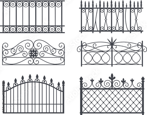 Elegant wrought iron fence designs, ornate gate vector set, vintage metal railing collection for garden, exterior, home, and architecture illustration flat vector illustration