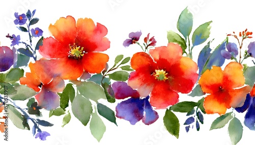 
Watercolor floral border, with large flowers in various colors on the left side of an isolated white background. The watercolors create soft and vibrant hues that highlight each flower's unique shape