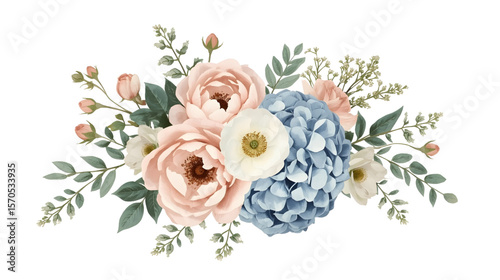 elegant floral illustration features a beautiful arrangement of delicate flowers in soft pastel hues. The bouquet showcases realistic peonies, roses, hydrangeas, and small filler flowers