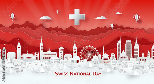 Celebrate Swiss National Day with a stunning red and white skyline vector illustration featuring a cross, balloons, and paper art style.