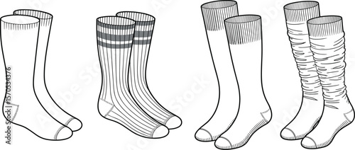 Set of socks vector illustration, fashion technical drawing, different styles, ribbed, slouch, striped socks, apparel design template for clothing

 flat vector illustration