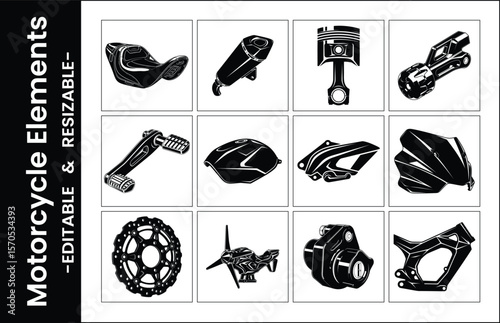 Motorcycle Parts Elements Vector Illustration Set Editable Automotive Industry Components Graphics
