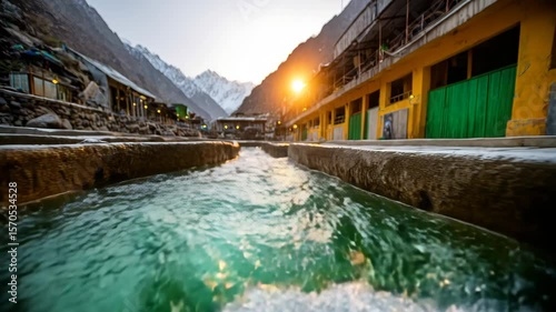 Water flowing through scenic mountain landscape with buildings