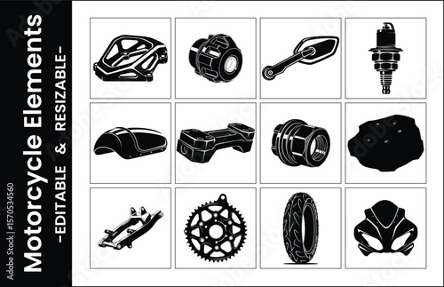 Monochrome Set Of Motorcycle Parts And Accessories Vector Illustration Template For Design
