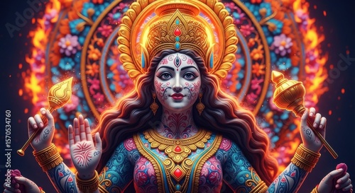 Vibrant Hindu Goddess with Ornate Headdress and Flaming Aura