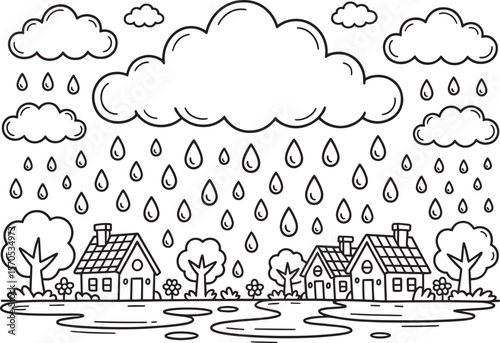 Rainy Day Scene, Village in Rain, Cloud and Raindrops, Rain over Houses, Countryside Rain, Rainfall Illustration, Black and White Rain Art, Kids Coloring Page