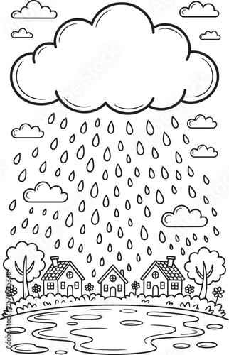 Rainy Day Scene, Village in Rain, Cloud and Raindrops, Rain over Houses, Countryside Rain, Rainfall Illustration, Black and White Rain Art, Kids Coloring Page