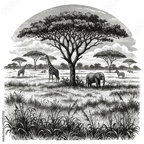 Savanna Wildlife Illustration Giraffe Elephant Trees African Landscape