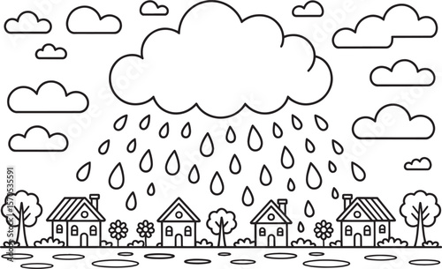 Rainy Day Scene, Village in Rain, Cloud and Raindrops, Rain over Houses, Countryside Rain, Rainfall Illustration, Black and White Rain Art, Kids Coloring Page