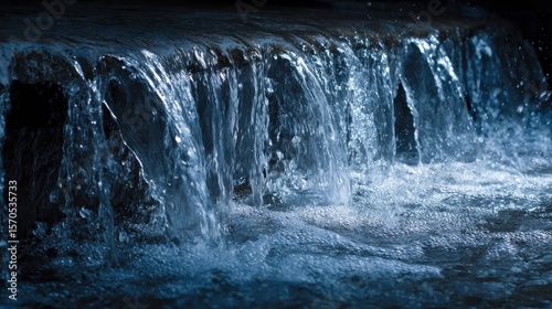 Waterworks Cascade. Crystal Blue Water Cascade Dripped in Natural Creek Background