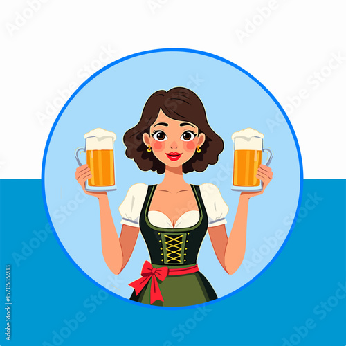 From the series "oktoberfest", girl with dirndl holds with beer mugs on a traditional Bavarian pattern of blue and white strips