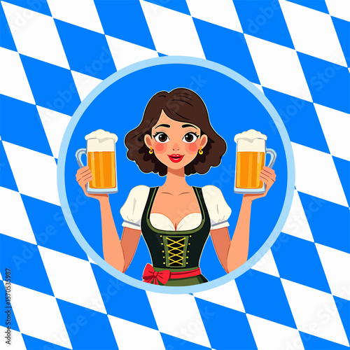From the series "oktoberfest", girl with dirndl holds with beer mugs on a traditional Bavarian pattern of blue and white diamonds