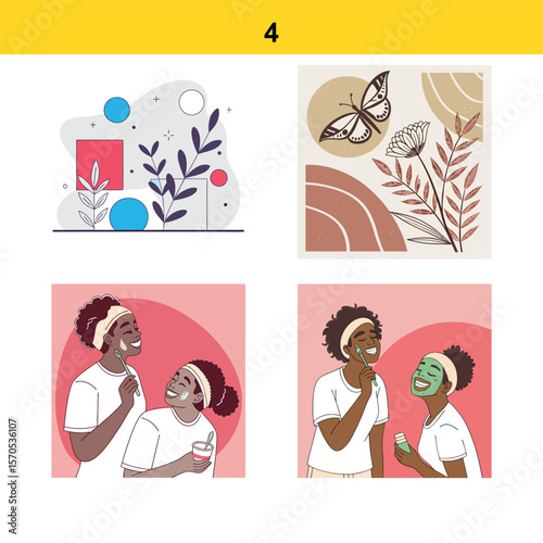 Diverse women enjoy skincare routines and abstract nature art in a collage