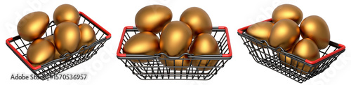 Wire baskets filled with gold eggs, isolated on white transparent background, concept of kitchen storage.