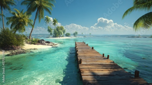 paradise beach with turquoise water, wooden pier and tropical palm trees,